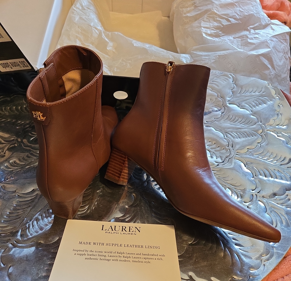 Lauren Ralph Lauren Cognac Leather Ankle Booties with Block Heel